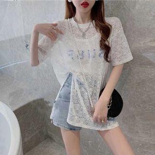 Elbow-sleeve Slit Lace T-shirt / Camisole Top / Set