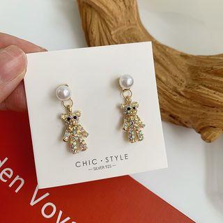 925 Sterling Silver Faux Pearl Rhinestone Bear Dangle Earring 1 Pair - One Size