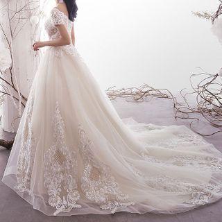 Off-shoulder Lace Panel Mesh Wedding Gown