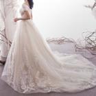 Off-shoulder Lace Panel Mesh Wedding Gown