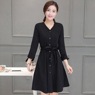 Long-sleeve Buttoned A-line Dress With Sash