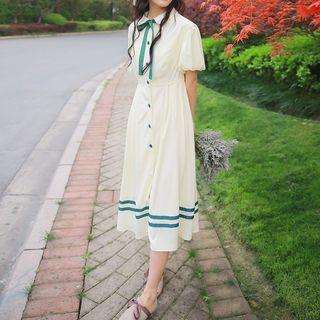 Short-sleeve Striped Trim Buttoned A-line Midi Dress