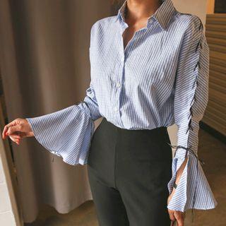Lace-up Bell-sleeve Stripe Shirt