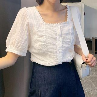 Square-neck Lace-trim Shirred Blouse