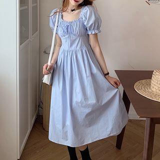 Puff-sleeve Square-neck Ruched Lace-up Dress