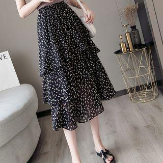Leaf Print Tiered Midi Skirt