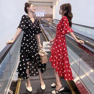 Elbow-sleeve Dotted A-line High Low Dress