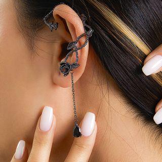 Floral Chained Ear Cuff 1 Piece - 2643 - Left Ear - Gunmetal - One Size