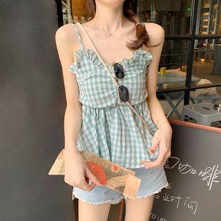 Spaghetti Strap Ruffled Checker Top
