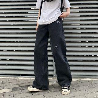 Mid Waist Embroidered Straight Leg Jeans
