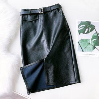Faux Leather Skinny Midi Skirt With Belt