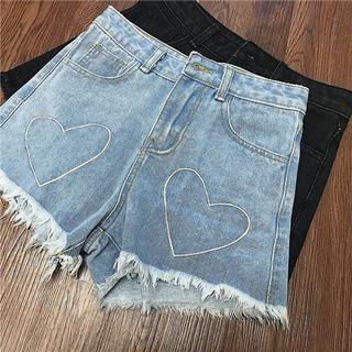 Heart Embroidered Denim Shorts / Wide Leg Denim Shorts