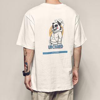 Elbow-sleeve Cartoon Panda Printed T-shirt