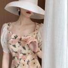 Floral Panel Short-sleeve Slit Midi A-line Dress