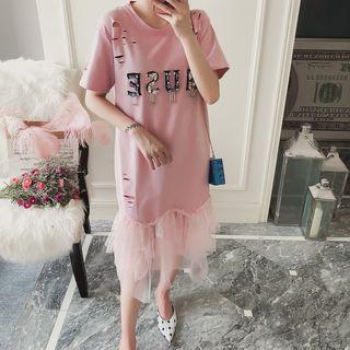 Short-sleeve Ripped Sheer Panel Midi Dress