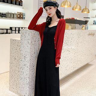 Set: V-neck Cropped Cardigan + Spaghetti Strap Midi A-line Dress