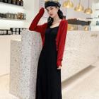 Set: V-neck Cropped Cardigan + Spaghetti Strap Midi A-line Dress