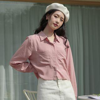 Pocket Detail Crop Shirt Light Pink - One Size
