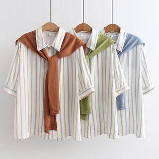 Short-sleeve Tie-front Striped Shirt
