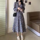 Floral Long-sleeve Midi A-line Dress / Knit Cardigan