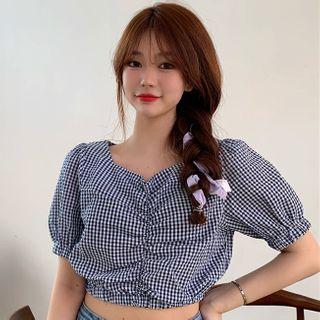 Short-sleeve Plaid Blouse Plaid - Blue - One Size