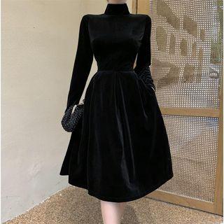 Mock-neck Plain Woolen A-line Dress