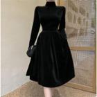 Mock-neck Plain Woolen A-line Dress