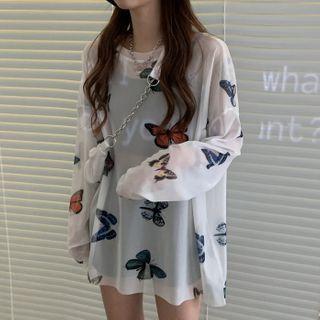 Long-sleeve Butterfly Print T-shirt As Shown In Figure - One Size