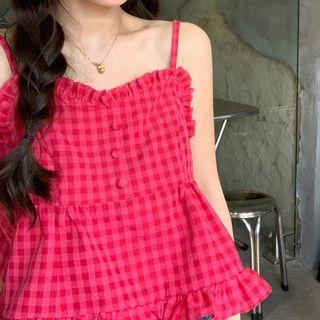 Frill Trim Gingham Check Camisole Top