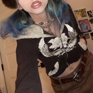 Long Sleeve Roses & Wings Furry Panel Crop Jacket