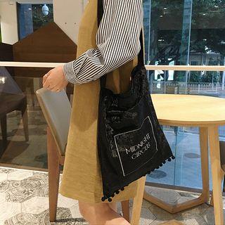 Lettering Pompom-accent Shoulder Bag