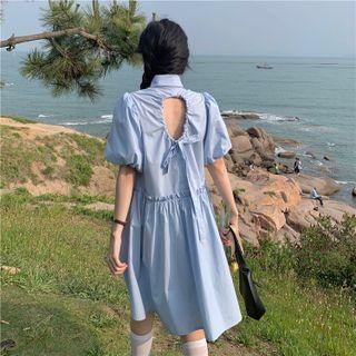 Puff-sleeve Cutout-back Mini A-line Shirtdress