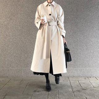 Buttoned Belt-waist Long Coat