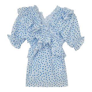 Puff-sleeve Dotted Ruffle Trim V-neck Top Dot - One Size