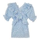 Puff-sleeve Dotted Ruffle Trim V-neck Top Dot - One Size