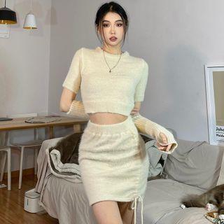 Set: Short-sleeve Knit Crop Top + Drawstring Mini Pencil Skirt + Fingerless Gloves Almond - One Size