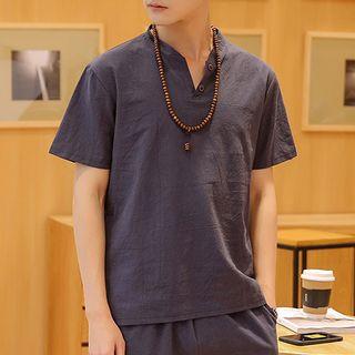 Set: Plain Short Sleeve Henley T-shirt + Shorts