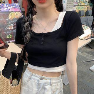 Short-sleeve Mock Two-piece Top Black - One Size