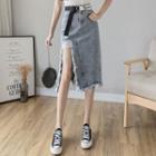 High-waist Cutout Denim Midi Straight-fit Skirt