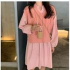 Long-sleeve Plain Midi A-line Dress / Knit Vest