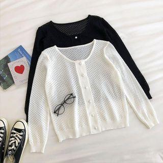 Perforated Crewneck Long-sleeve Knit Top