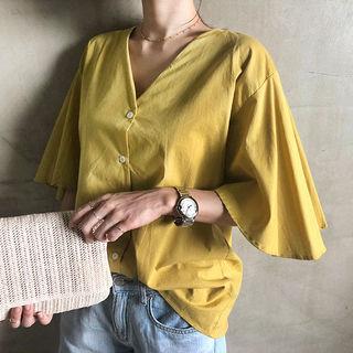 V-neck Flutter-sleeve Blouse