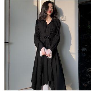 Mock Two Piece Long-sleeve Midi A-line Dress Black - One Size
