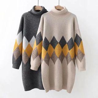Diamond Pattern Turtleneck Sweater Dress