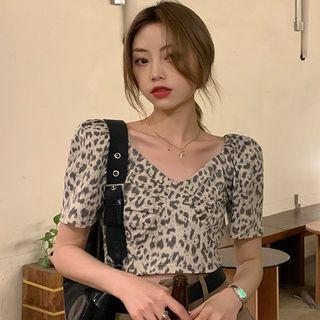 Short-sleeve Leopard Print Cropped Top As Shown In Figure - One Size