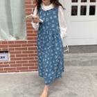 Bell-sleeve Blouse / Floral Print Denim Midi A-line Overall Dress