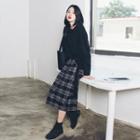 Set: Long Sleeve Strappy Sweater + Plaid Buttoned A-line Skirt