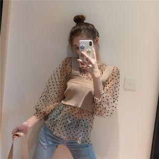 Polka Dot Mesh Long-sleeve Light Top / Plain Knit Vest