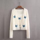 Set: Butterfly Embroidered Camisole Top + Cardigan Set Of 2 - Camisole Top + Cardigan - Butterfly Embroidery - Blue & Off-white - S