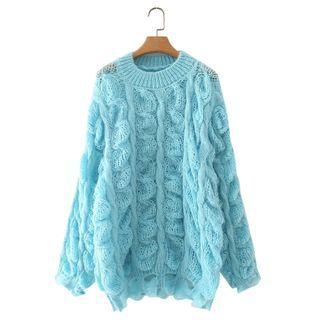 Distressed Cable Knit Sweater Aqua Blue - One Size